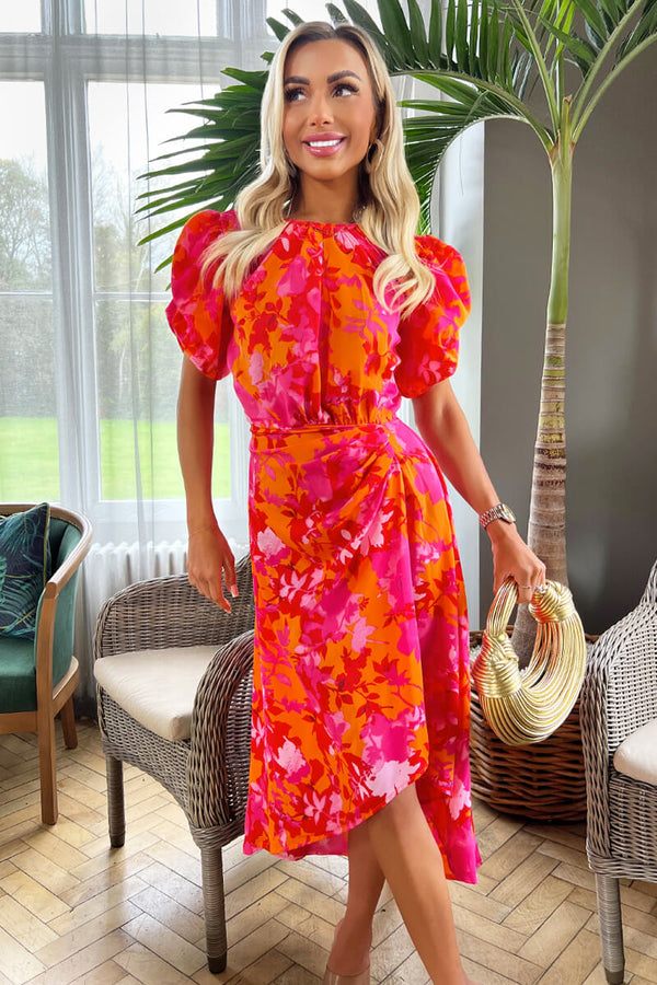 Pink & Orange Floral Midi Dress