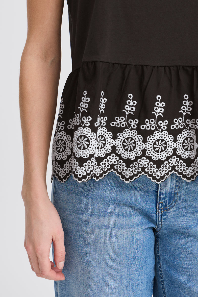 ICHI Maliu Black Embroidery Top