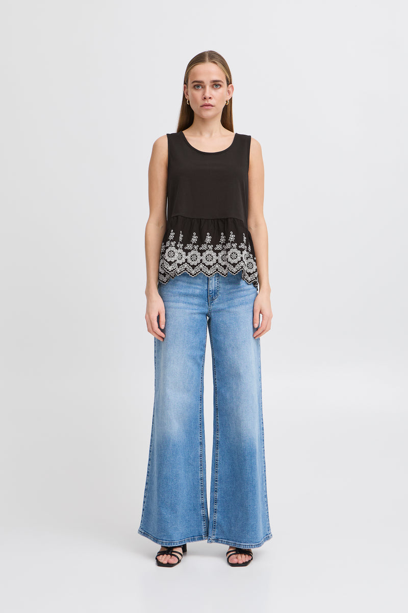 ICHI Maliu Black Embroidery Top