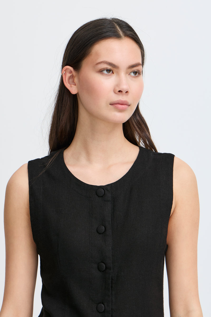 ICHI Black Linen Button Waistcoat