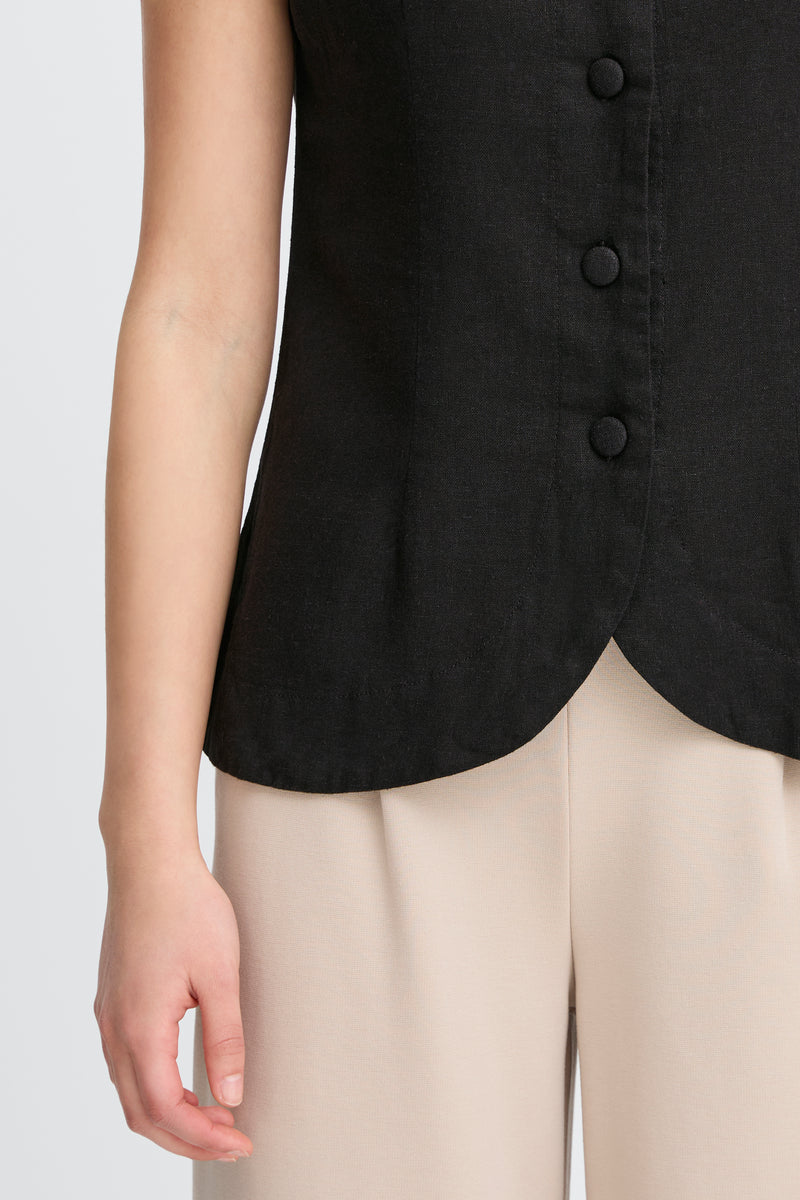 ICHI Black Linen Button Waistcoat