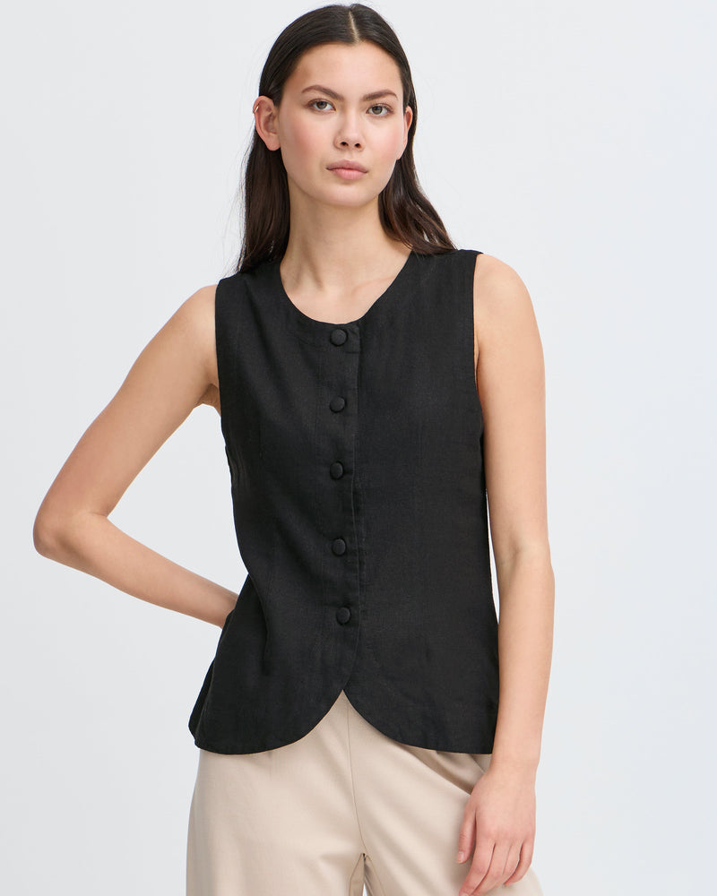 ICHI Black Linen Button Waistcoat