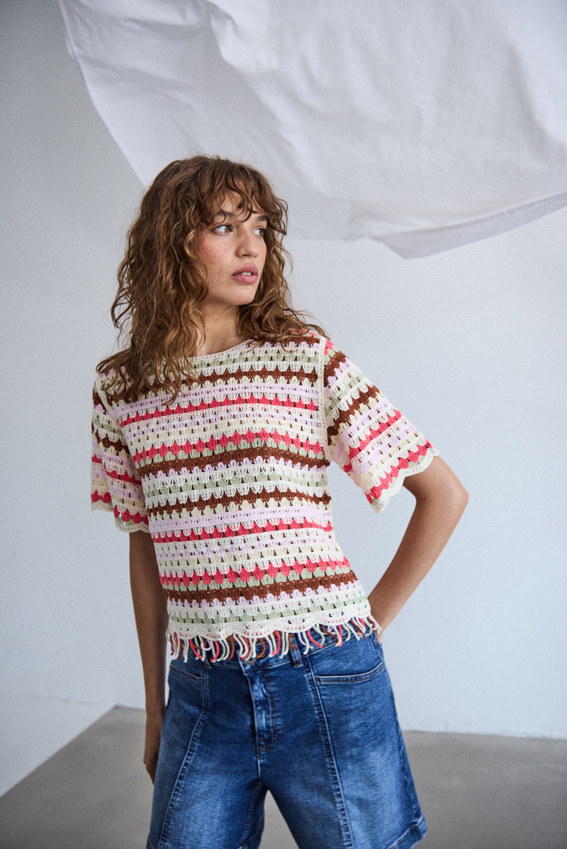 ICHI Multi Crochet Fringe Top