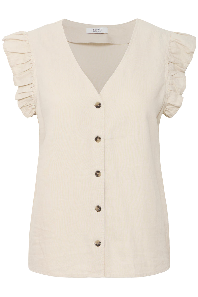 B.Young Beige Falakka Linen Ruffle Shirt