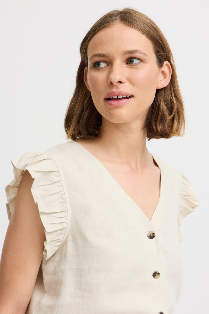 B.Young Beige Falakka Linen Ruffle Shirt