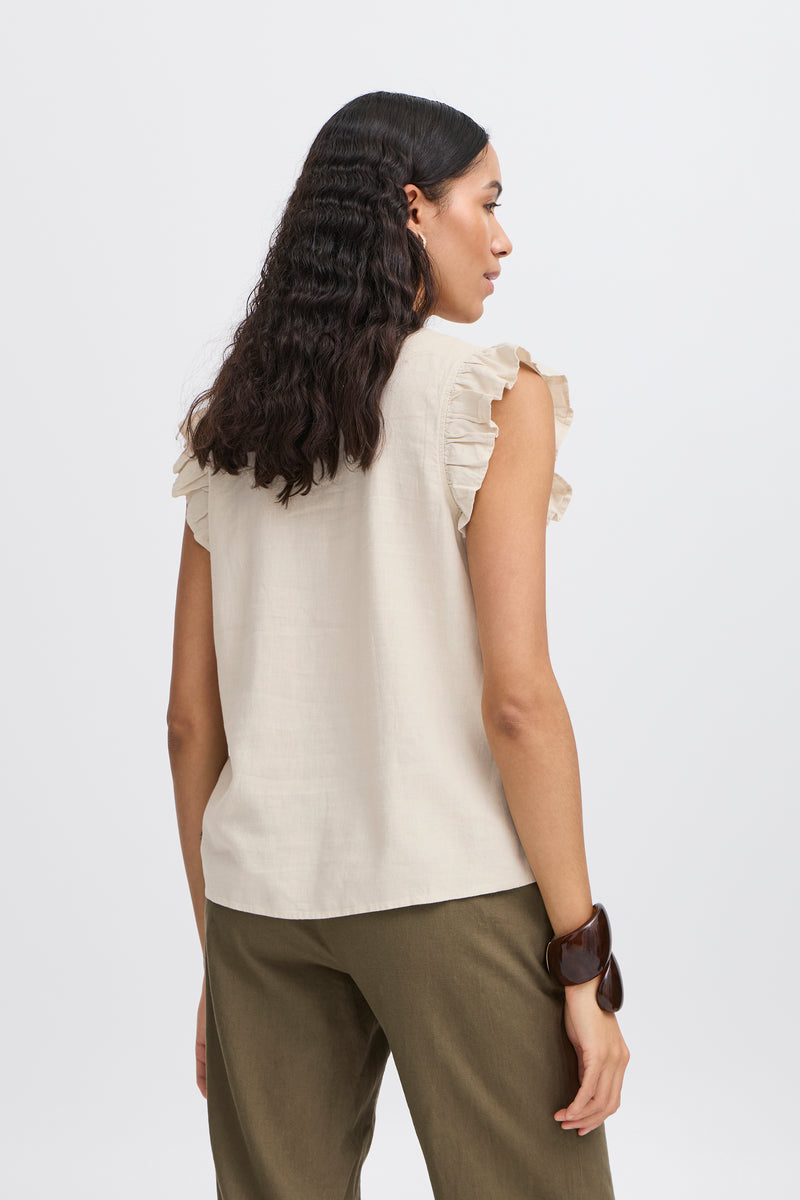 B.Young Beige Falakka Linen Ruffle Shirt