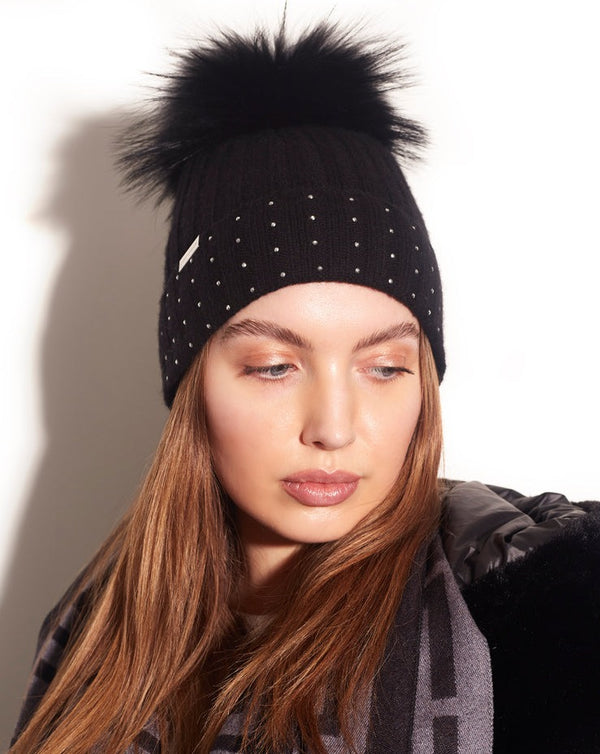 Phoebe Black Faux Pom Pom Hat