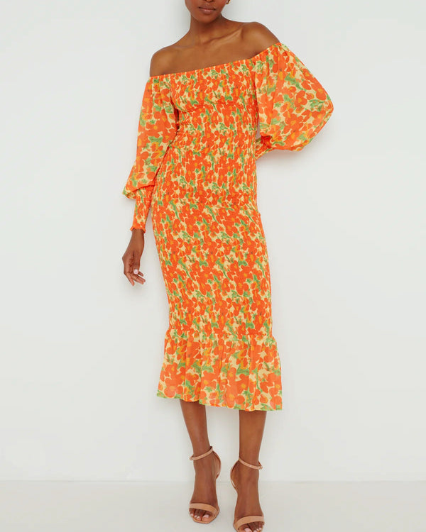 Leona Orange Floral Bardot Dress