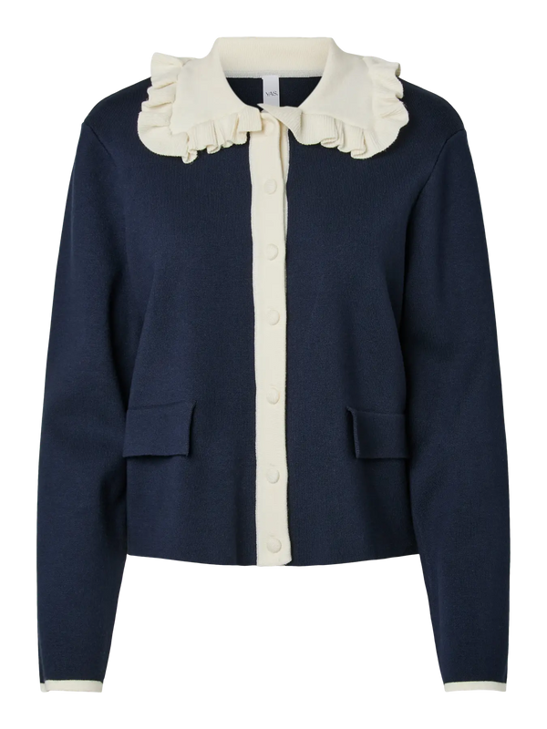 YAS - Navy & Cream Frill Cardigan