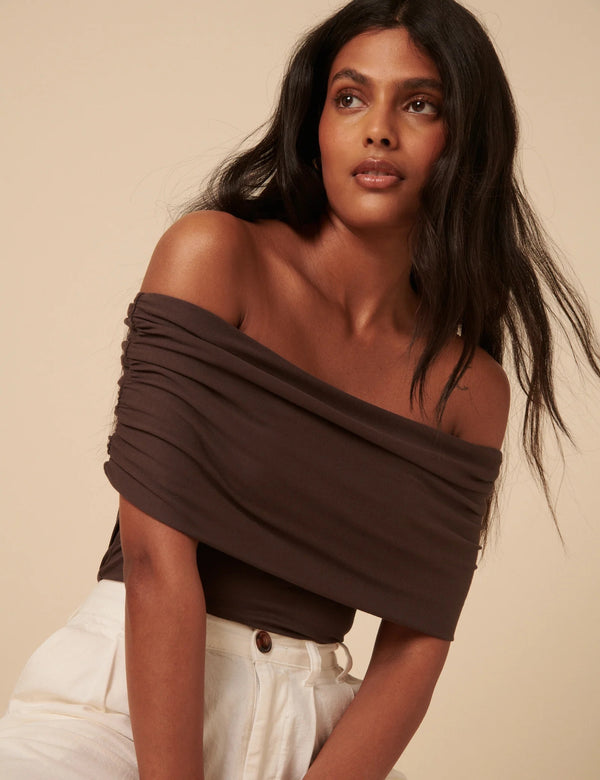 Nobody's Child - Brown Off Shoulder Ruched Top