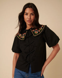 Nobody's Child - Black Floral Embroidered Tie Front Blouse