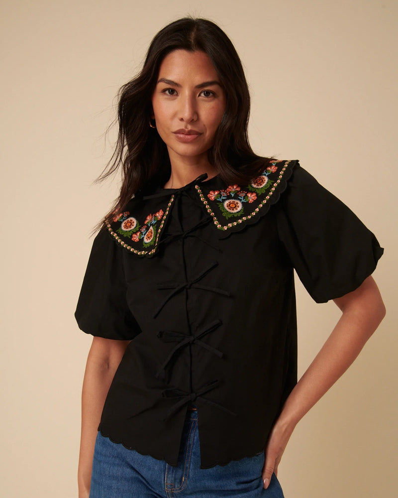 Nobody's Child - Black Floral Embroidered Tie Front Blouse