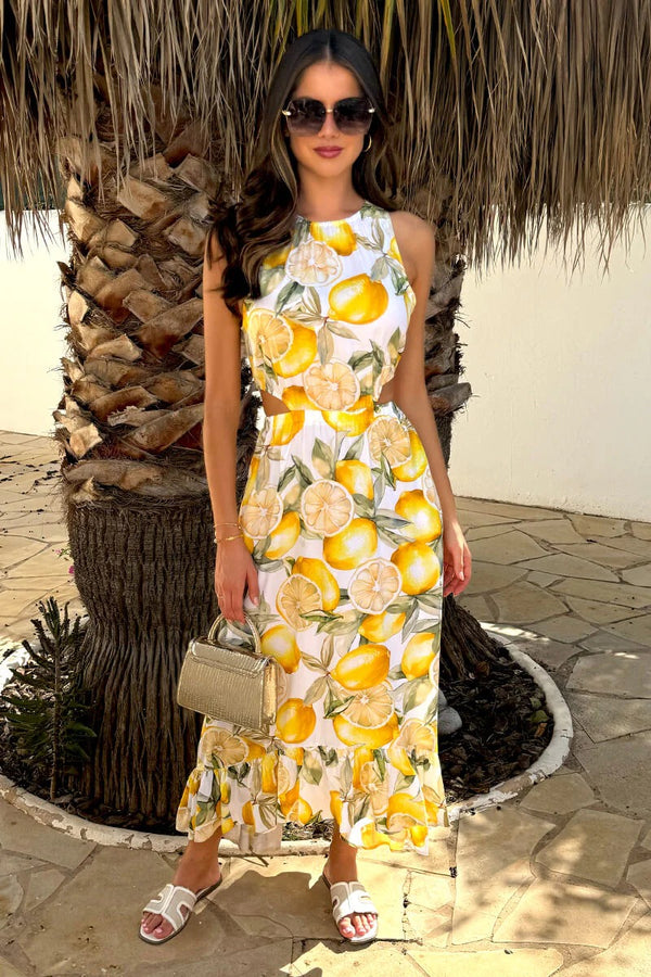 Yellow Lemon Print Cut Out Midi Dress