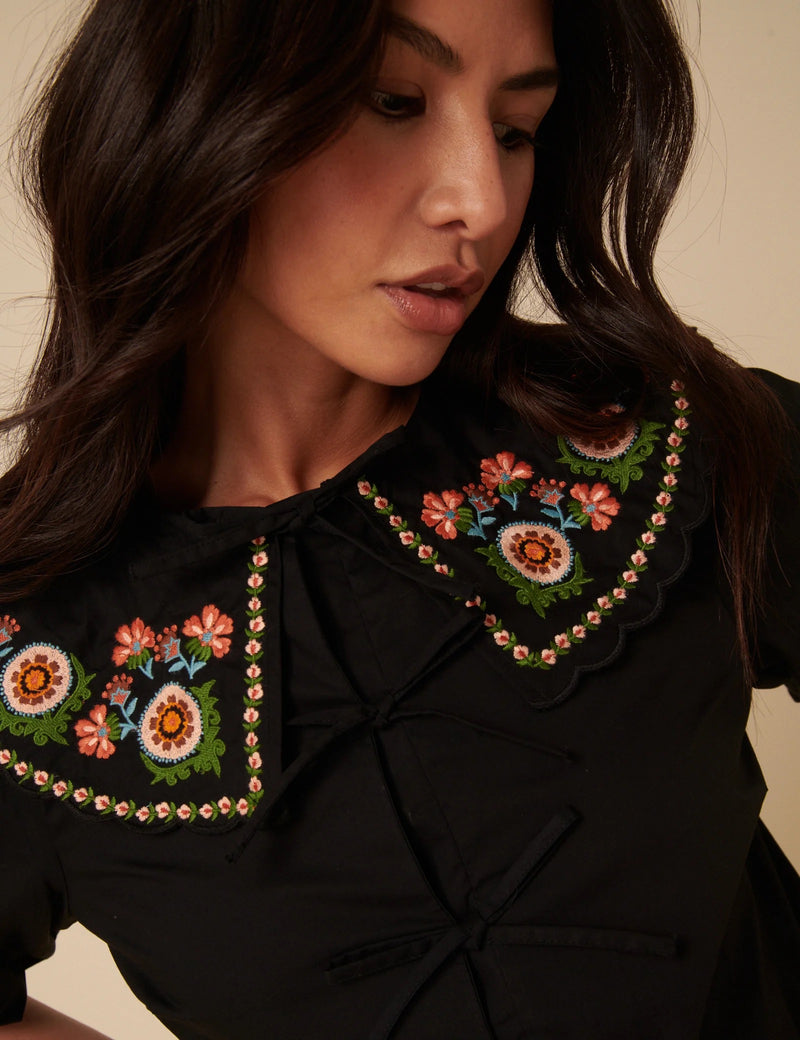Nobody's Child - Black Floral Embroidered Tie Front Blouse