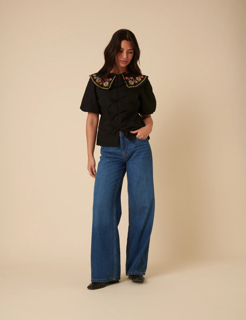 Nobody's Child - Black Floral Embroidered Tie Front Blouse