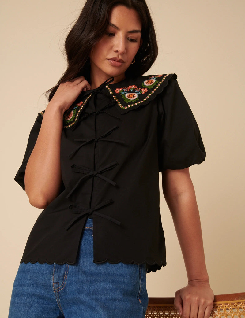 Nobody's Child - Black Floral Embroidered Tie Front Blouse
