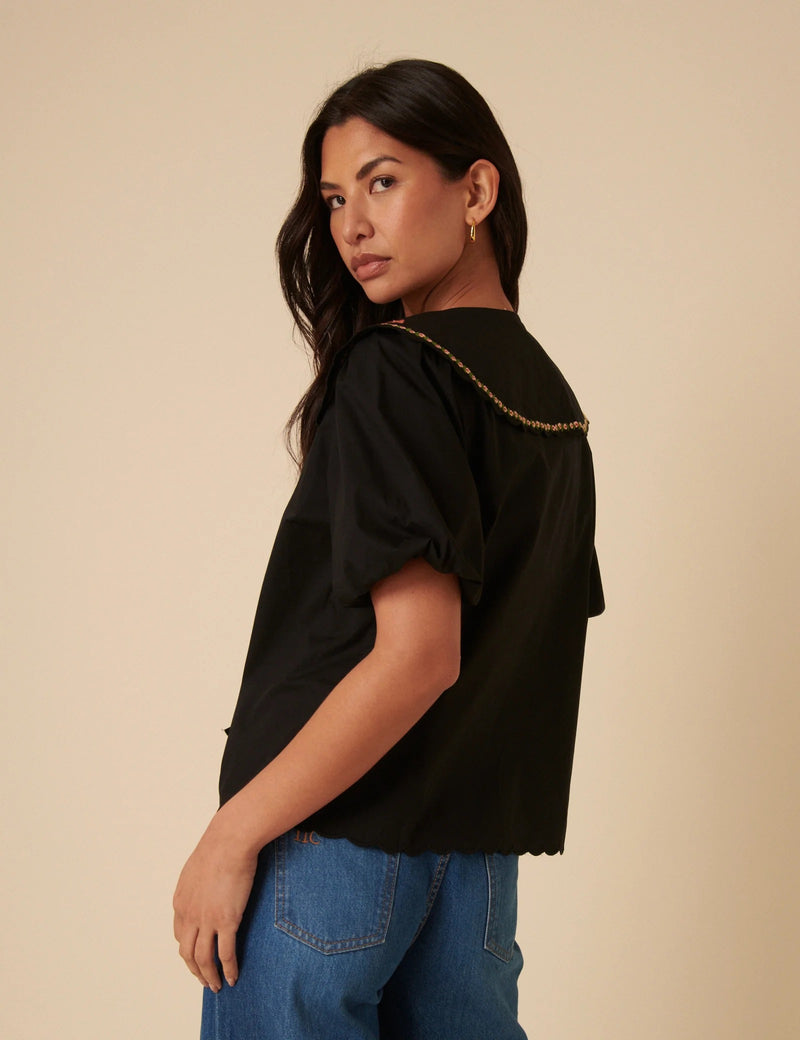 Nobody's Child - Black Floral Embroidered Tie Front Blouse