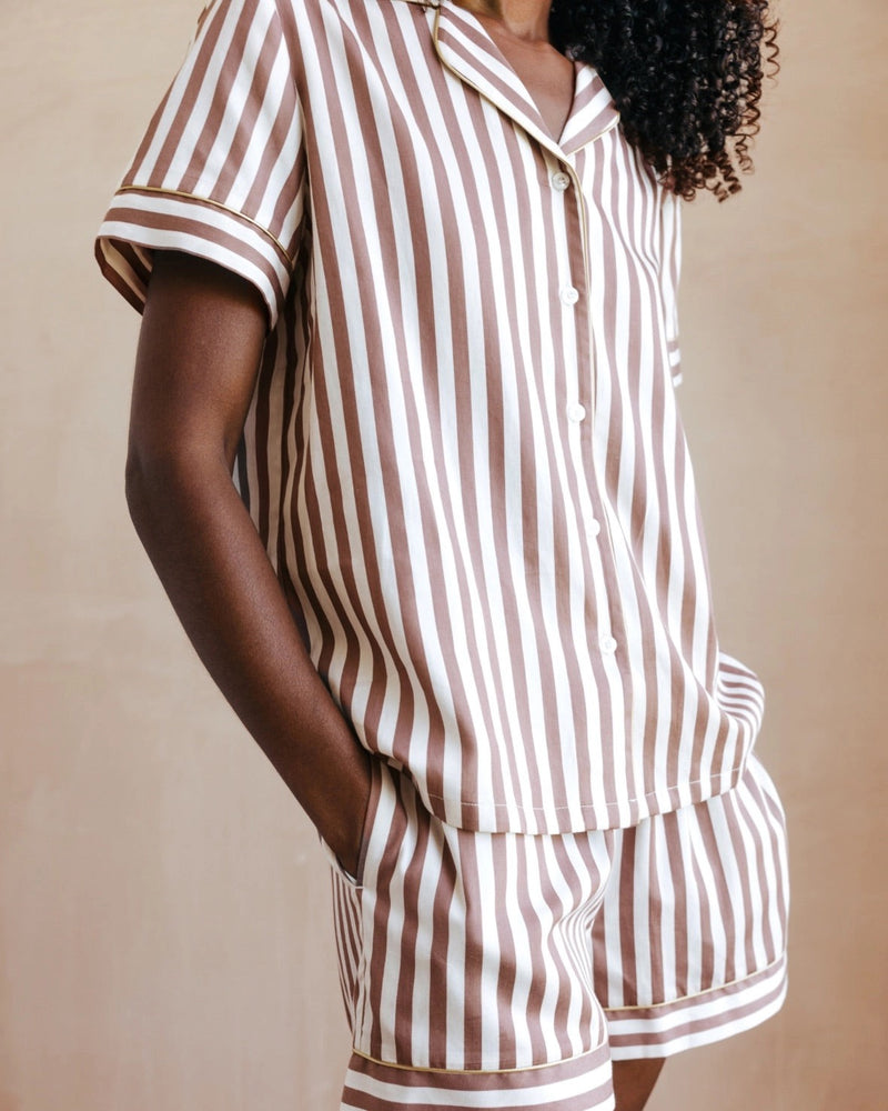 Chelsea Peers - Organic Cotton Sateen Stripe Short Pyjama Set - Brown