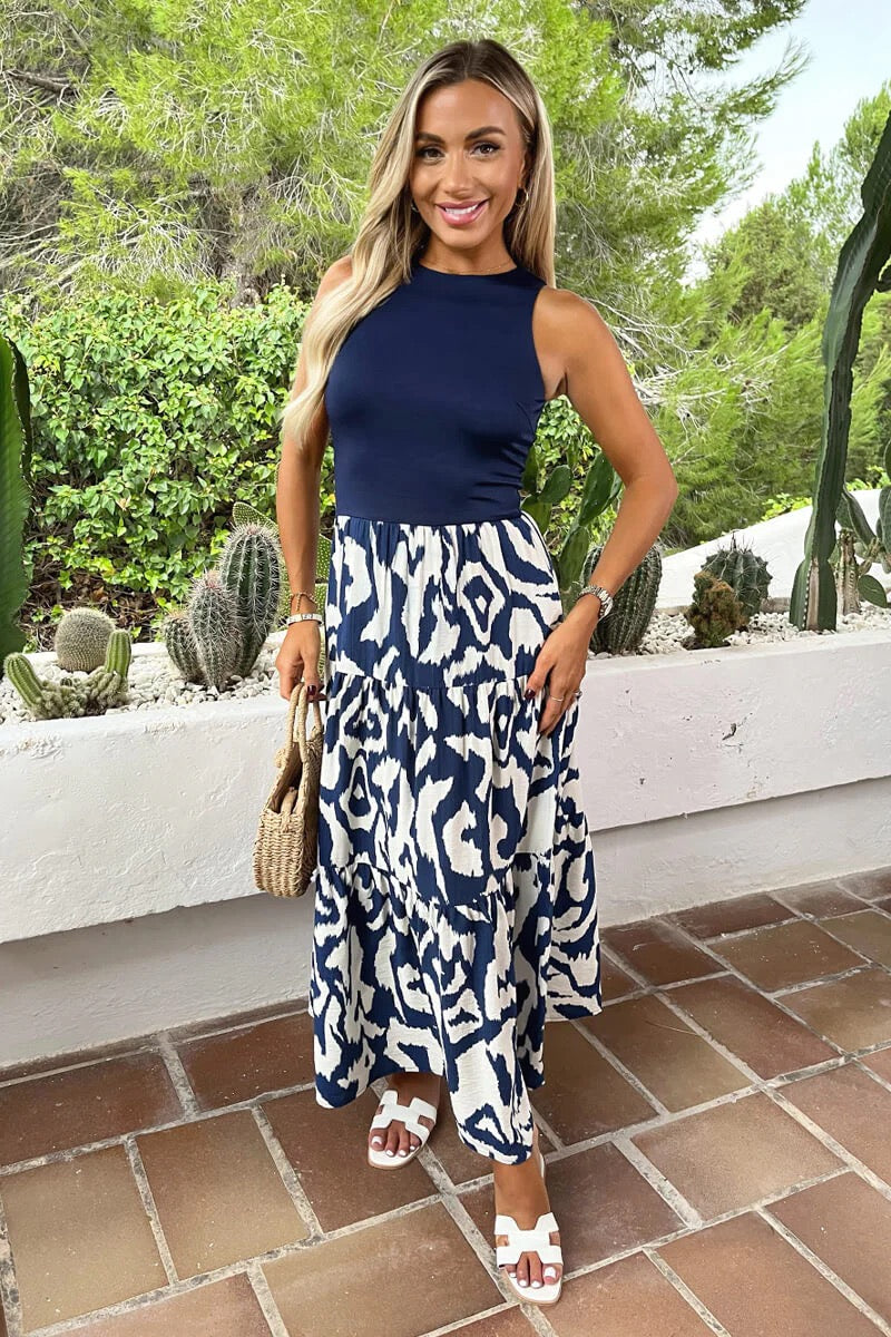 Navy & Cream Abstract Midi Dress