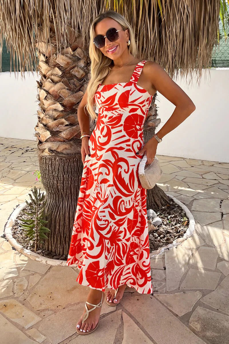 Orange And White Tropical Print Midi Dress