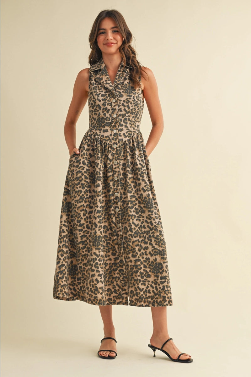 Leopard Denim Collar Midi Dress
