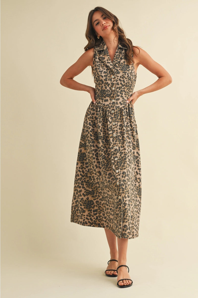 Leopard Denim Collar Midi Dress