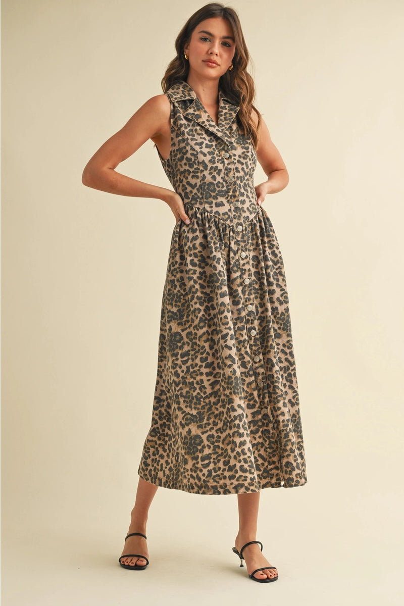 Leopard Denim Collar Midi Dress