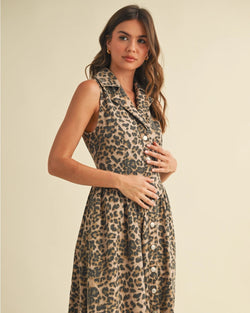 Leopard Denim Collar Midi Dress