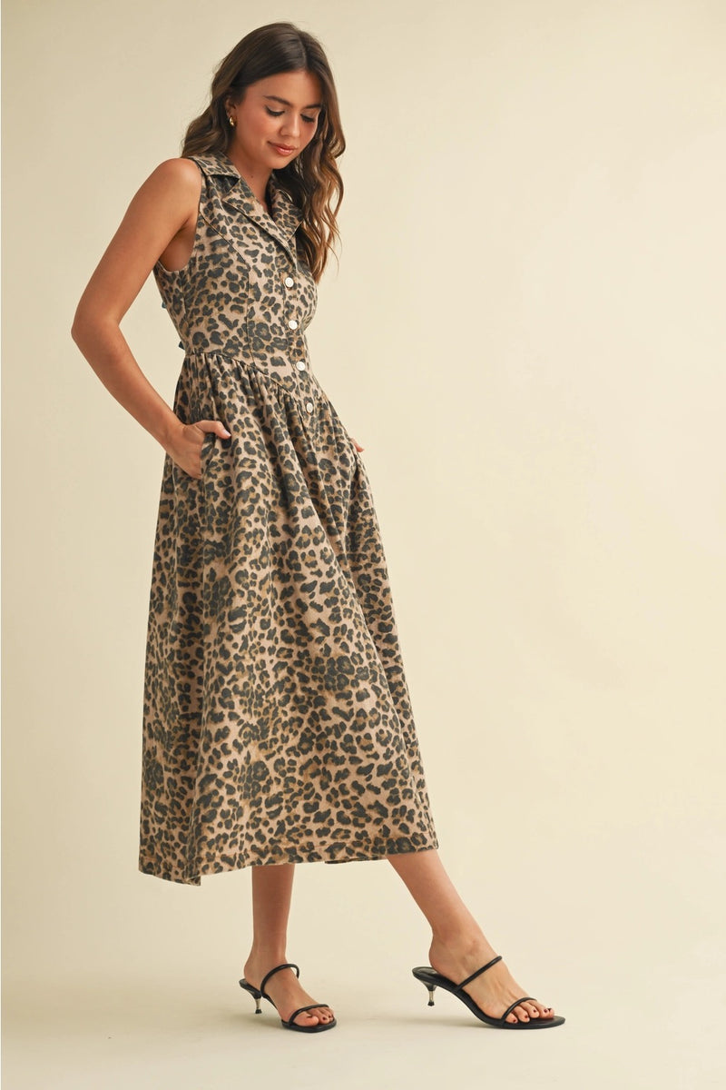 Leopard Denim Collar Midi Dress