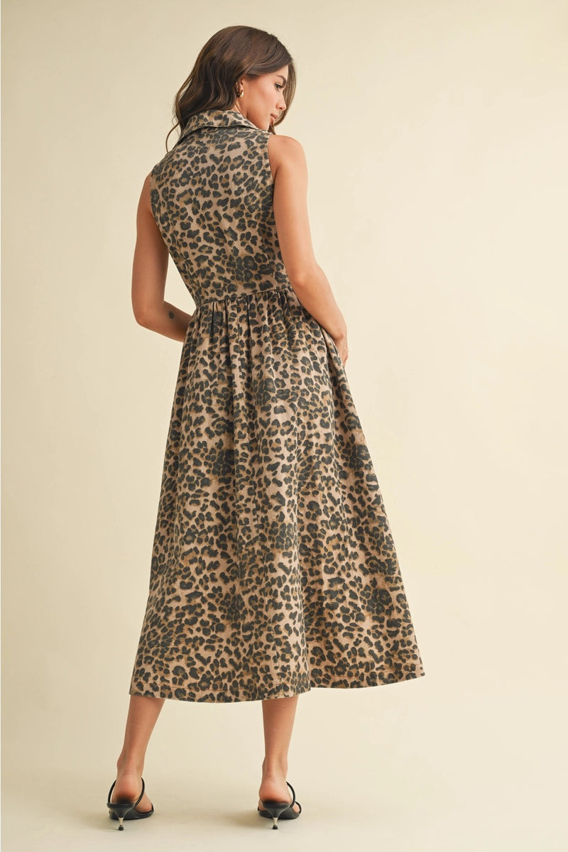Leopard Denim Collar Midi Dress