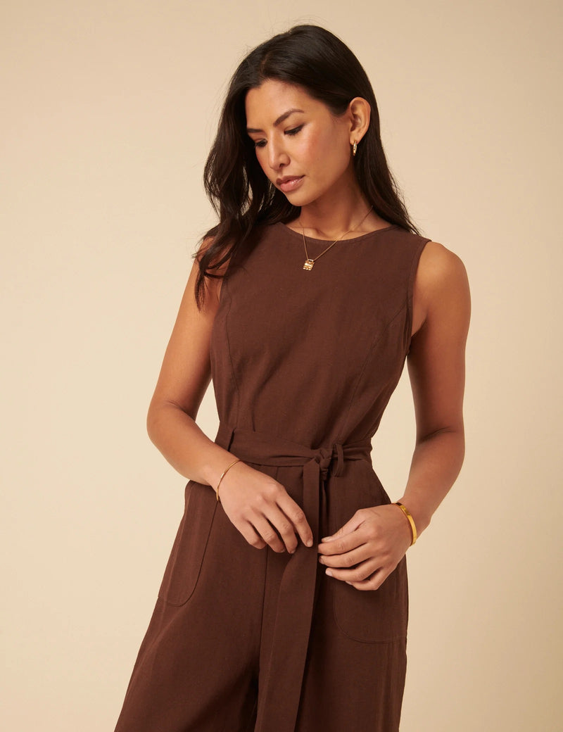 Nobody's Child - Brown Tie Waist Jumpsuit