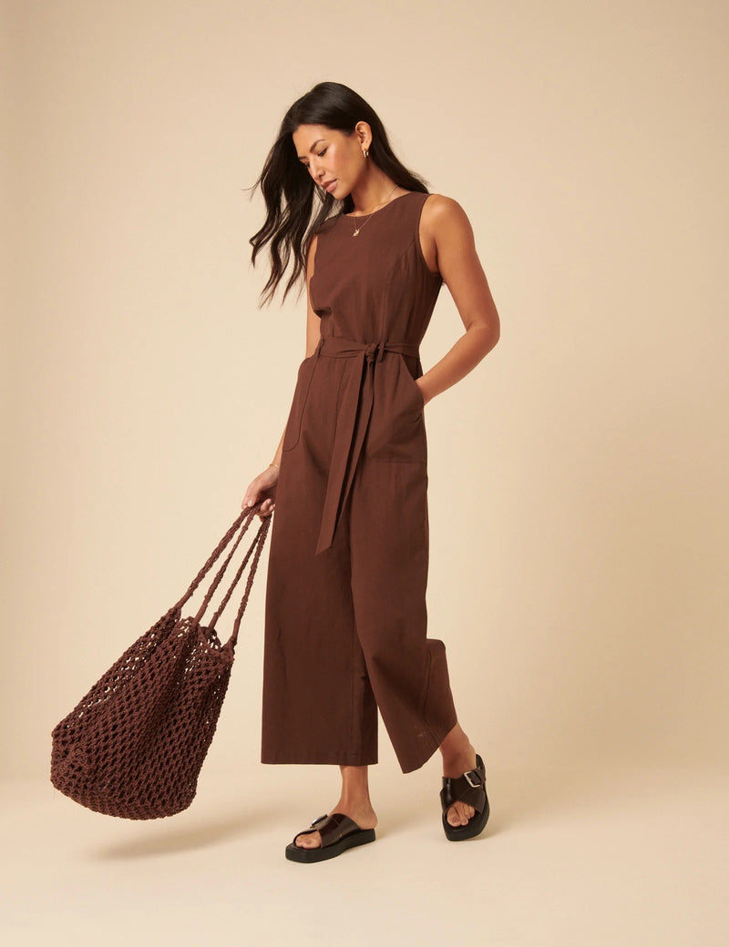Nobody's Child - Brown Tie Waist Jumpsuit