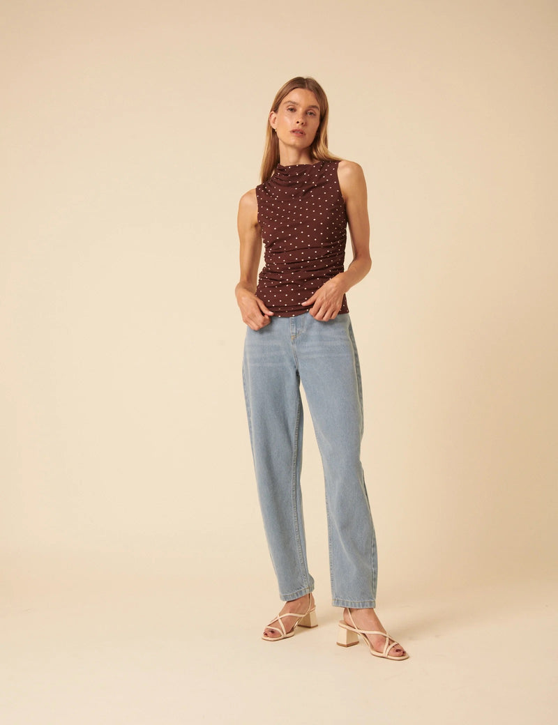 Nobody's Child - Brown Polka Dot Ruched Top