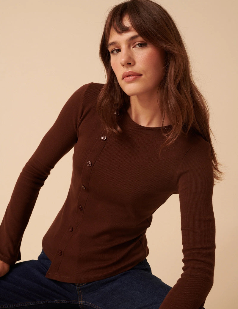 Nobody's Child - Brown Asymmetric Button Through Top