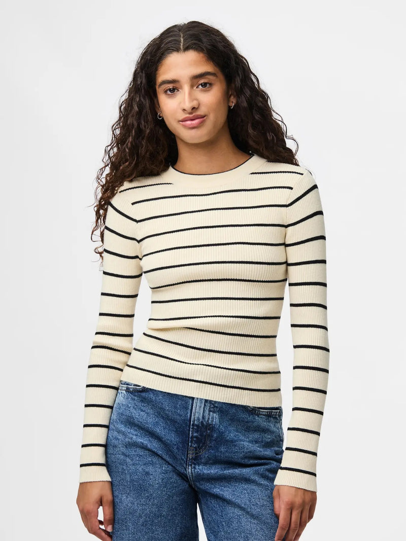 PIECES - Cream Stripe Ribbed Knit Top