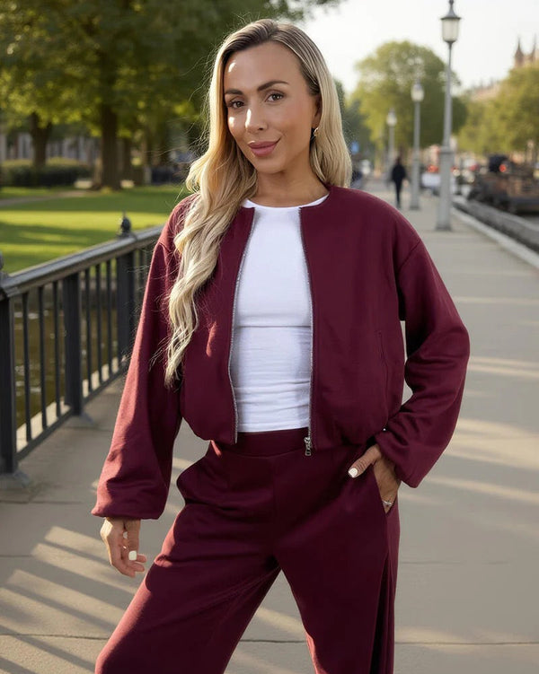 Burgundy Bubble Hem Cropped Soft Bomber Jacket