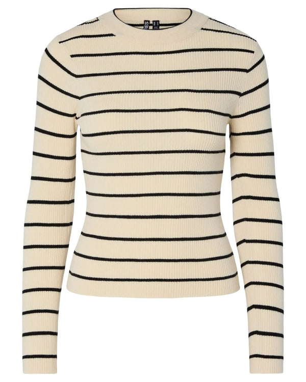 PIECES - Cream Stripe Ribbed Knit Top