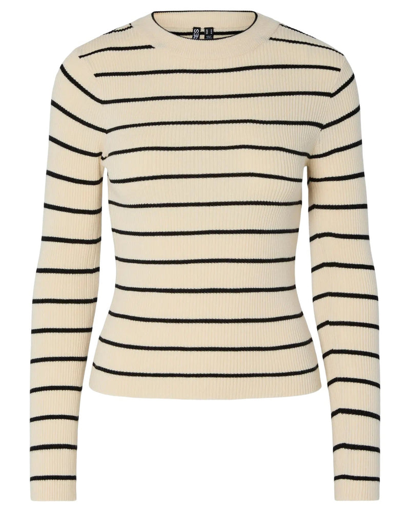 PIECES - Cream Stripe Ribbed Knit Top