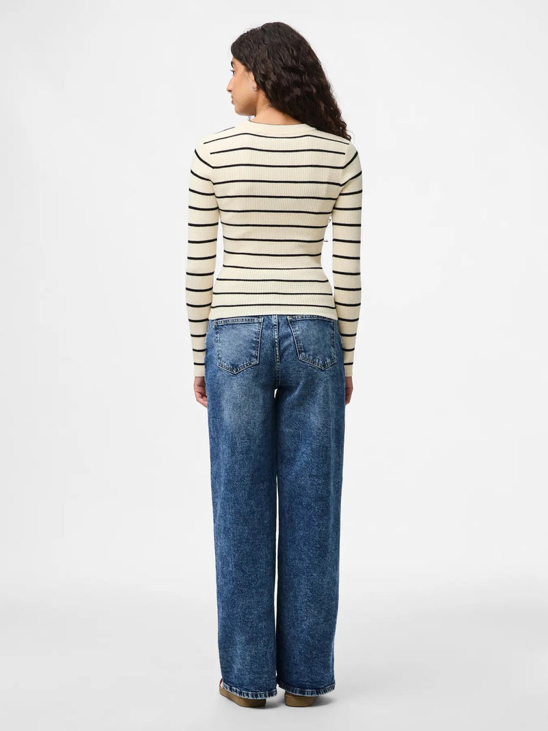 PIECES - Cream Stripe Ribbed Knit Top