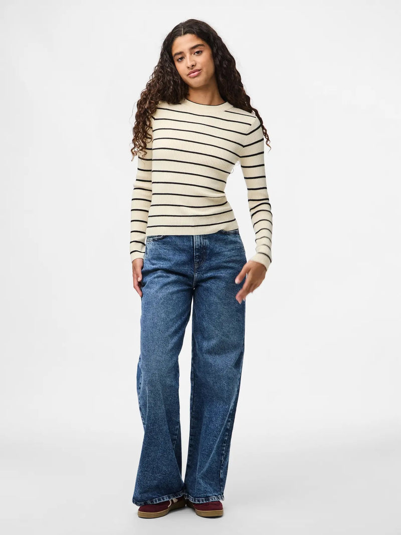 PIECES - Cream Stripe Ribbed Knit Top