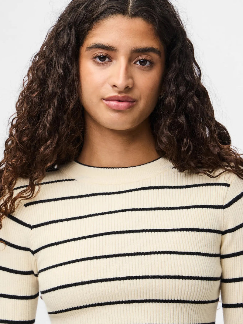 PIECES - Cream Stripe Ribbed Knit Top