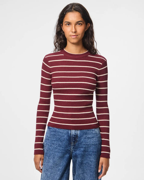 PIECES - Burgundy Stripe Ribbed Knit Top
