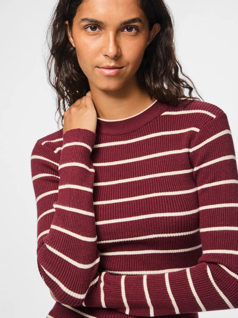 PIECES - Burgundy Stripe Ribbed Knit Top