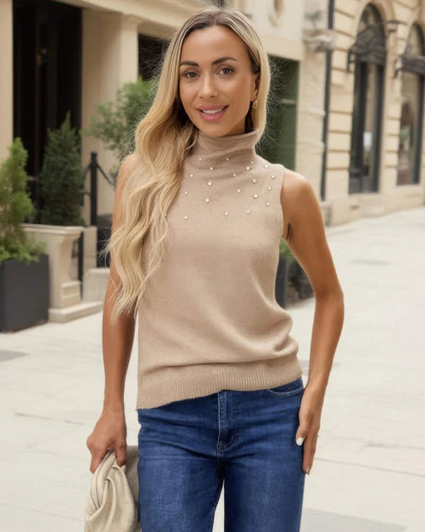 Oatmeal Pearl Embellished High Neck Knit Vest
