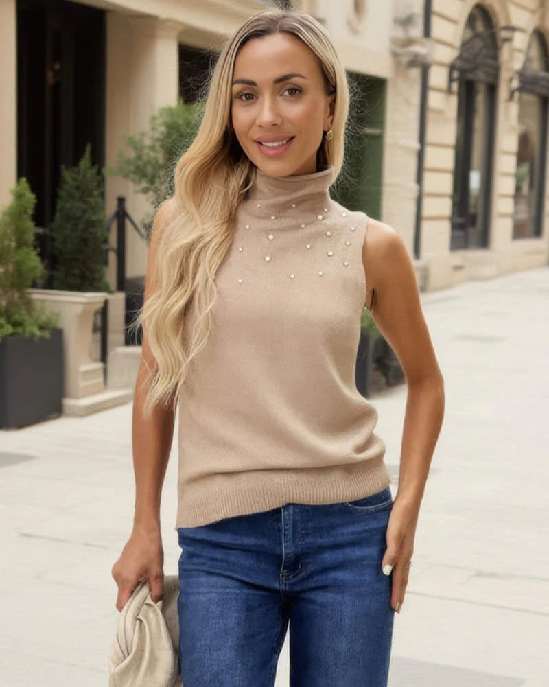 Oatmeal Pearl Embellished High Neck Knit Vest