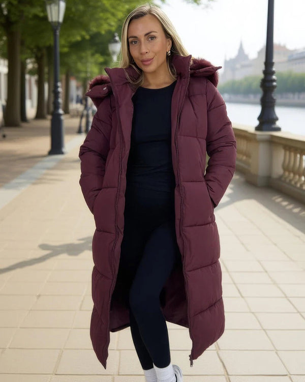 Burgundy Faux Fur Hooded Longline Padded Coat