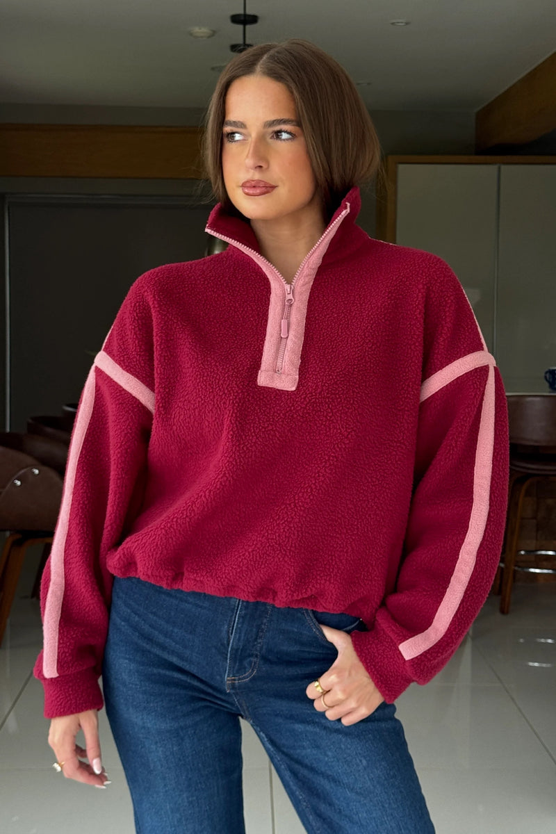 Lulu Berry Contrast 1/4 Zip Fleece Berry