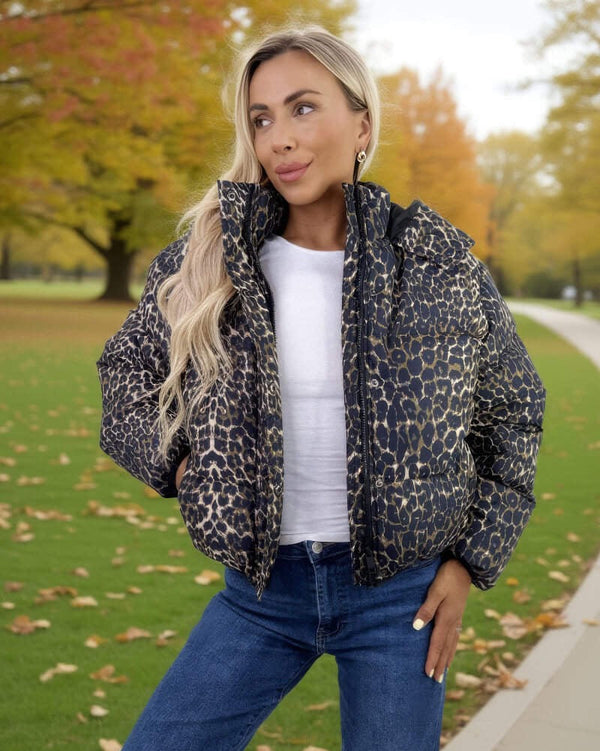Leopard Print Hooded Short Puffer Coat