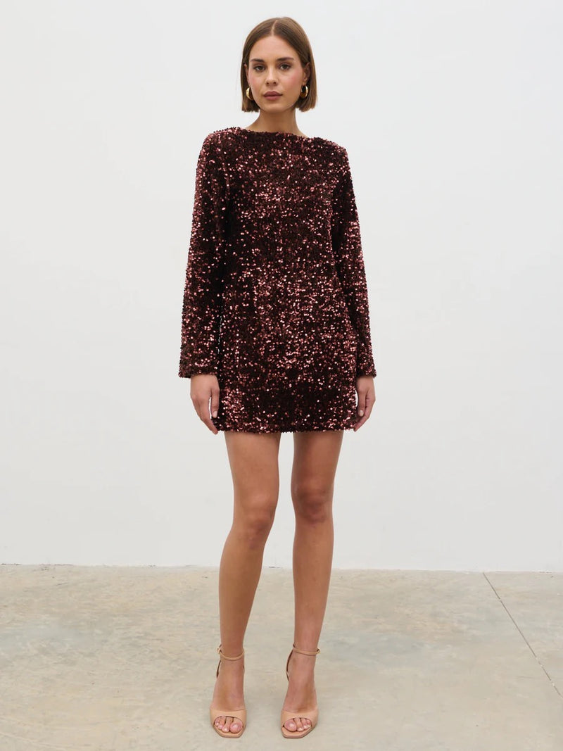Pretty Lavish - Brown Bow Sequin Mini Dress