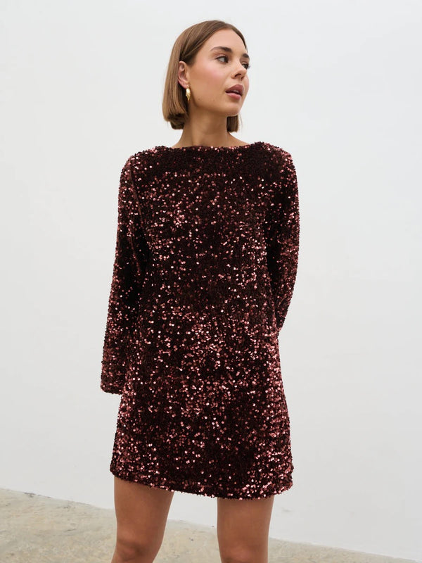 Pretty Lavish - Brown Bow Sequin Mini Dress